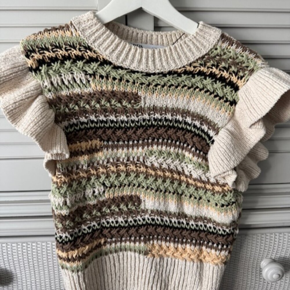Zara Cream and Brown Sweater Top Size S